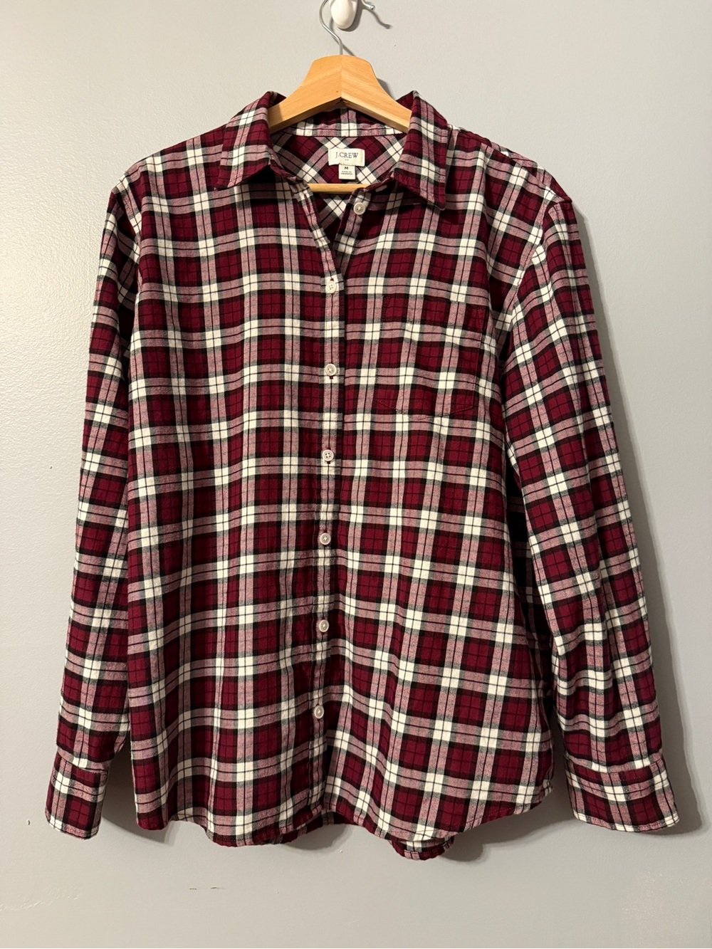 J. Crew Women's Burgundy and Cream Plaid Button-Down Shirt Size M